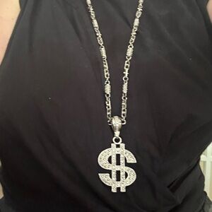 Silver Toned Dollar Sign Pendant Necklace- good weight